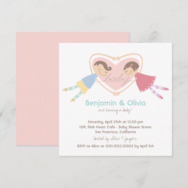 Cartoon Boy Hearts Girl Love Couples Baby Shower Invitation (Front/Back)