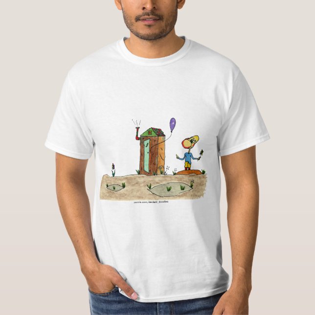 Cartoon boy looks at outhouse balloon T-Shirt (Front)