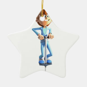 Cartoon Boy on a Pogo Stick Ceramic Ornament