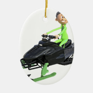 Cartoon Boy on a Snowmobile Ceramic Ornament
