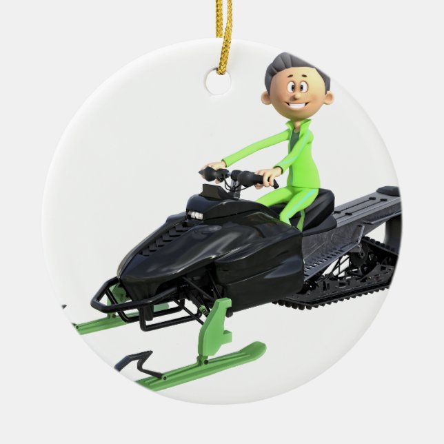 Cartoon Boy on a Snowmobile Ceramic Tree Decoration (Front)