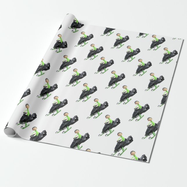 Cartoon Boy on a Snowmobile Wrapping Paper (Unrolled)
