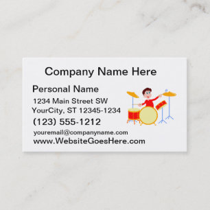 Cartoon boy playing drumset jagged edges business card