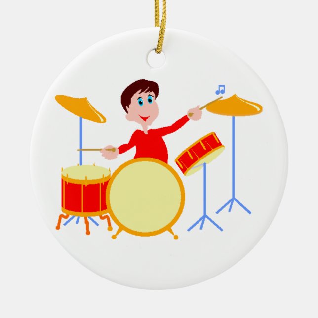 Cartoon boy playing drumset jagged edges ceramic tree decoration (Front)