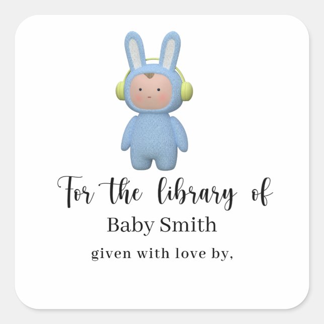 cartoon boy rabbit Baby Shower Library Square Sticker (Front)
