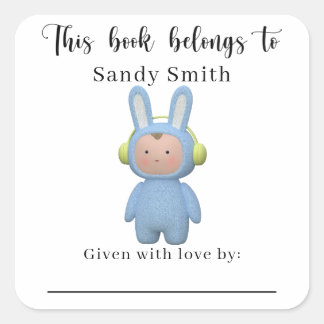 cartoon boy rabbit - This book belongs  Square Sticker