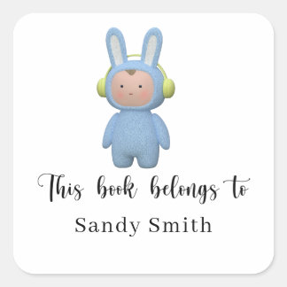 cartoon boy rabbit - This book belongs to Square Sticker