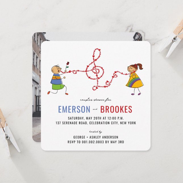 Cartoon Boy Serenades Girl Photo Couples Shower Invitation (Front/Back In Situ)
