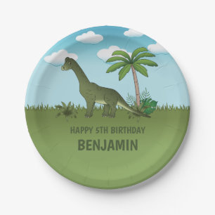 Cartoon Brachiosaurus Dinosaur Kid's Birthday Paper Plate