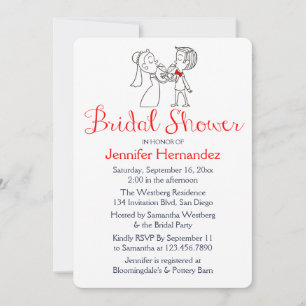 Cartoon Bride And Groom Red & White Bridal Shower Invitation