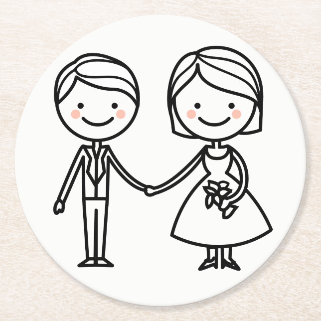 Cartoon Bride & Groom Black And White Wedding Round Paper Coaster (Front)