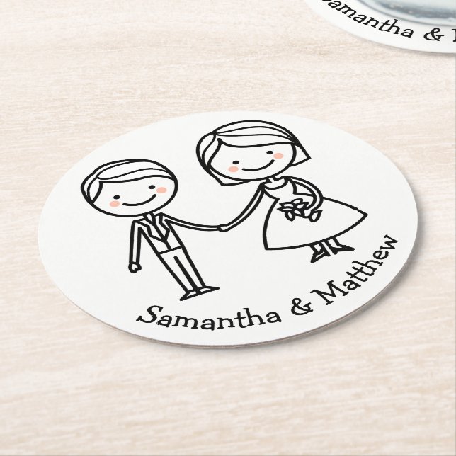 Cartoon Bride & Groom Black And White Wedding Round Paper Coaster (Angled)
