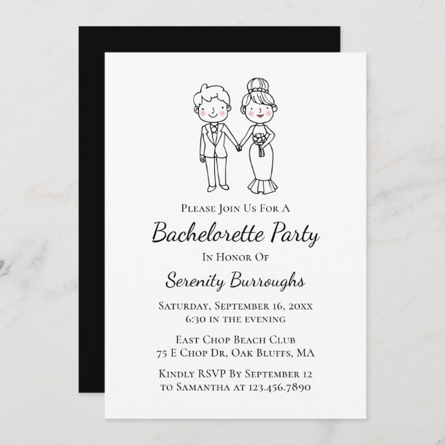 Cartoon Bride Groom Black Bachelorette Party Invitation (Front/Back)