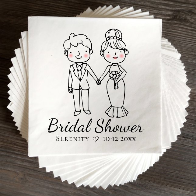 Cartoon Bride Groom Black White Bridal Shower  Napkin (Creator Uploaded)
