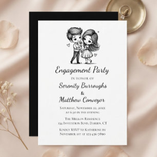 Cartoon Bride Groom Black White Engagement Party Invitation