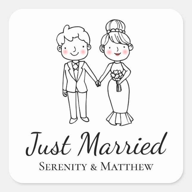 Cartoon Bride Groom Black White Just Married Square Sticker (Front)