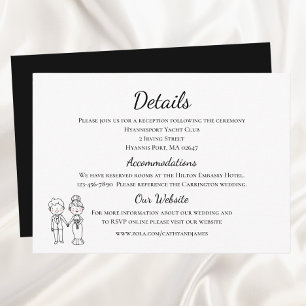 Cartoon Bride Groom Black White Wedding Details Enclosure Card