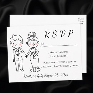 Cartoon Bride Groom Black White Wedding RSVP  Invitation Postcard