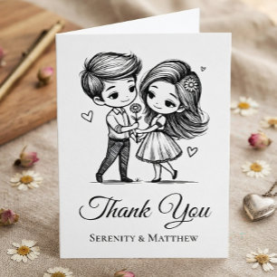 Cartoon Bride Groom Black White Wedding Thank You Card