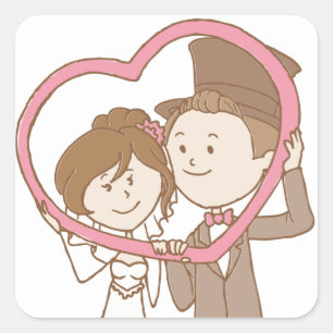 Cartoon Bride & Groom Brown And Pink Wedding Square Sticker