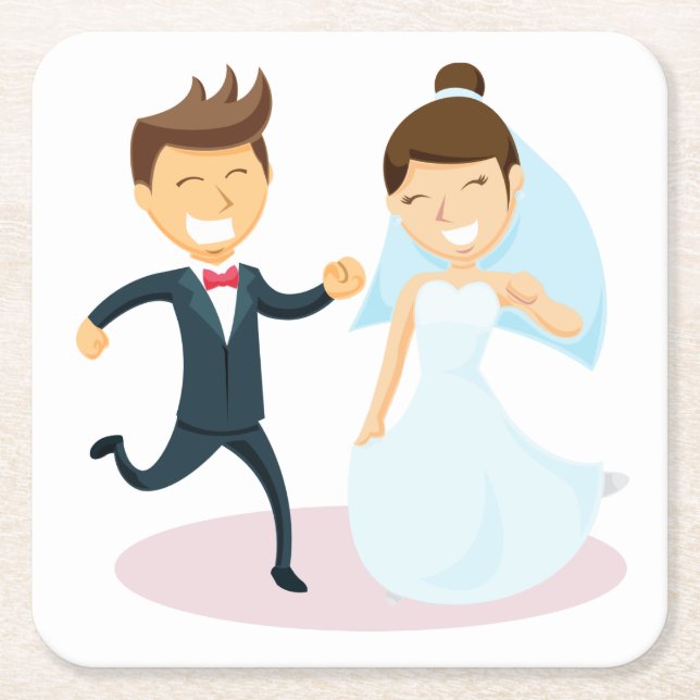 Cartoon Bride & Groom Dancing Wedding Just Married Square Paper Coaster (Front)