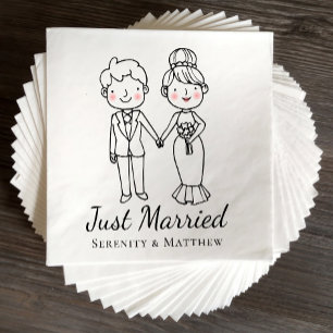 Cartoon Bride Groom Just Married Wedding Napkins