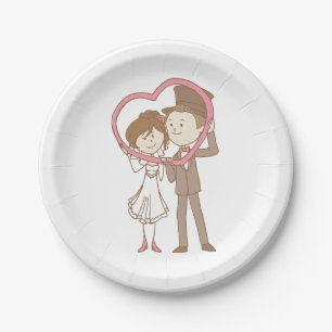 Cartoon Bride Groom Pink Brown Wedding Engagement Paper Plate