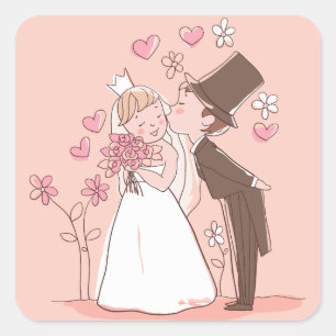 Cartoon Bride & Groom Pink Wedding Sticker