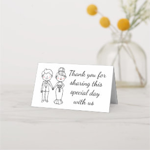 Cartoon Bride Groom Thank You Black White Wedding  Place Card
