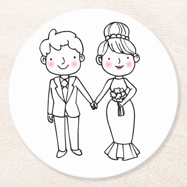 Cartoon Bride Groom Thank You Whimsical Wedding Round Paper Coaster (Front)