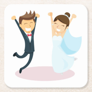 Cartoon Bride & Groom Wedding Square Paper Coaster