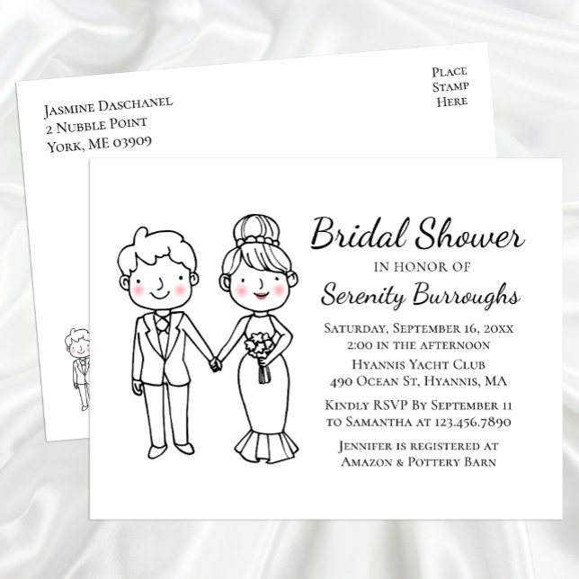 Cartoon Bride Groom Whimsical Bridal Shower  Invitation Postcard (Creator Uploaded)