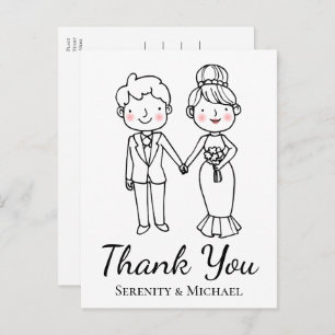 Cartoon Bride Groom Whimsical Wedding Thank You Postcard