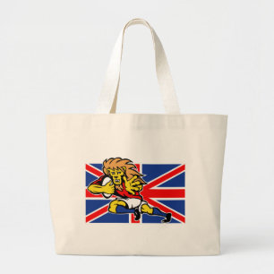 Cartoon British Lion rugby fending off GB flag Large Tote Bag