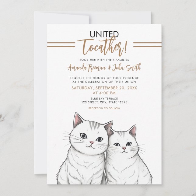 Cartoon Brown and White Cute Cats Wedding Invitation (Front)