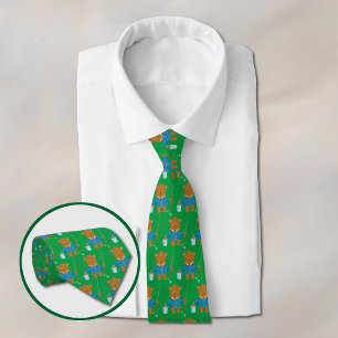 Cartoon Brown Bear with Fishing Rod Green Neck Tie