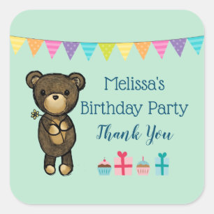 Cartoon Brown Bear with Yellow Flower Party Thanks Square Sticker