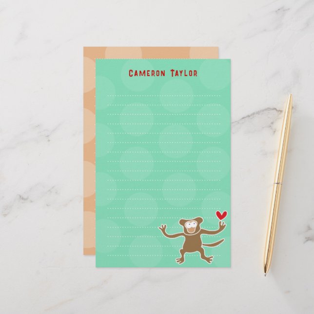 Cartoon Brown Monkey Kids Children Dots Thank You Stationery (Front/Back In Situ)