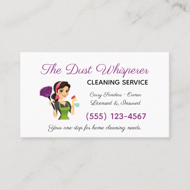 Cartoon Brunette Maid House Cleaning Service Business Card (Front)