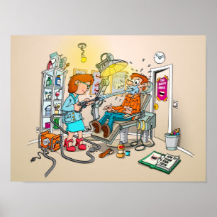Cartoon; brushing teeth at the mouth hygienist. poster