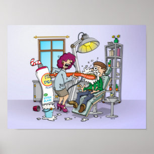 Cartoon; brushing teeth at the mouth hygienist. poster