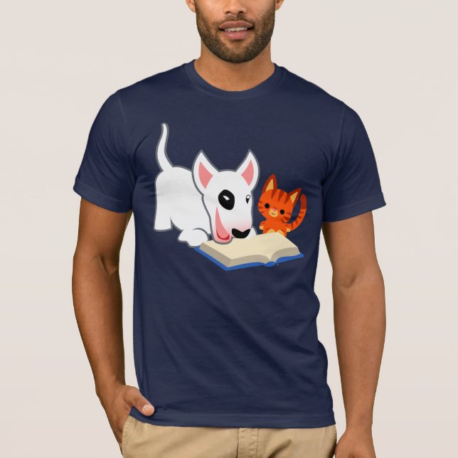 Cartoon Bullie and Kitty with Book T-Shirt (Front)