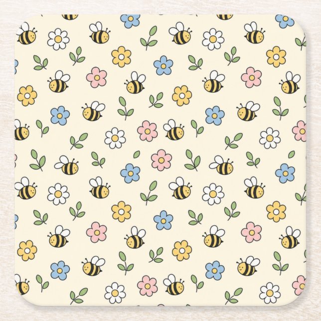 Cartoon Bumble Bee and Flowers Pattern Square Paper Coaster (Front)