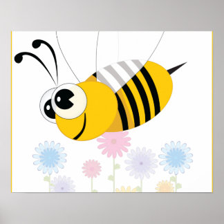 Cartoon Bumble Bee and Flowers Poster