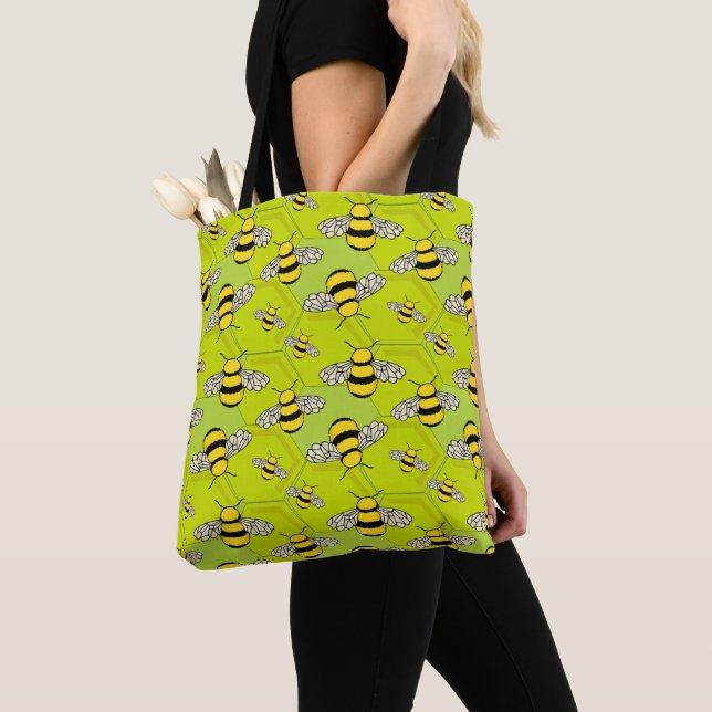 Cartoon Bumble Bees and Beehive Green Yellow Tote Bag (Close Up)