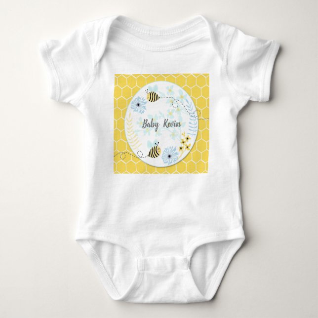 Cartoon bumblebees on a background of blue, yellow baby bodysuit (Front)