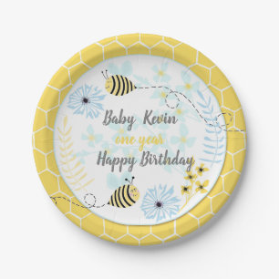 Cartoon bumblebees on a background of blue, yellow paper plate