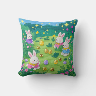 Cartoon bunnies hiding eggs in a garden cushion