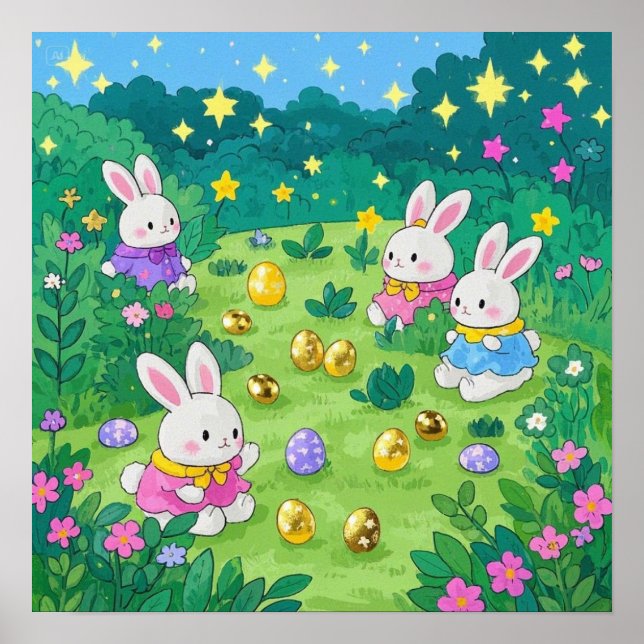 Cartoon bunnies hiding eggs in a garden poster (Front)