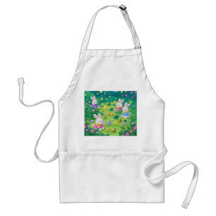 Cartoon bunnies hiding eggs in a garden standard apron